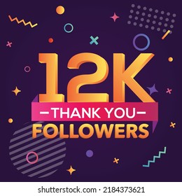 Thank you 12000 followers,thanks banner.First 12K follower congratulation card with geometric figures,lines,squares,circles for Social Networks.Web blogger celebrate a large number of subscribers.