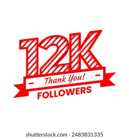 Thank You for 12k Followers on social media. Twelve thousand followers Banner Banner with red and white color Decorative Elements