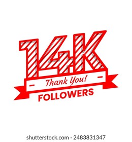 Thank You for 14k Followers on social media. fourteen thousand followers Banner Banner with red and white color Decorative Elements