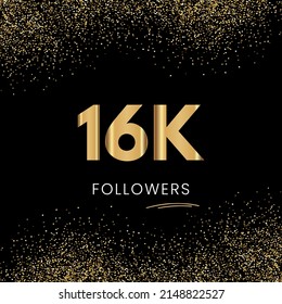 Thank you 16K or 16 Thousand followers. Vector illustration with golden glitter particles on black background for social network friends, and followers. Thank you celebrate followers, and likes.