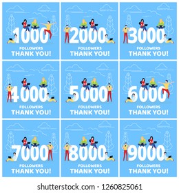 Thank you 1-9k followers numbers postcard set. People man, woman big numbers flat style design thanks vector illustration isolated on blue background. Template for internet media and social network.