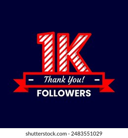 Thank You for 1k Followers on social media. One thousand followers Banner with red and white color Decorative Elements