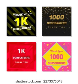 Thank you 1k subscribers set template vector. 1000 subscribers. 1k subscribers colorful design vector. thank you thousand subscribers