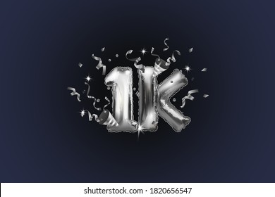 Gracias suscriptores de 1K o 1K. Ilustración vectorial con bolas brillantes plateadas y confeti para amigos en las redes sociales, usuarios de la web con un fondo oscuro. Gracias, celebramos a los suscriptores, me gusta.