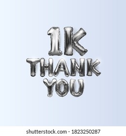 Gracias a los suscriptores de 1K o 1K. Ilustración vectorial con globos brillantes de plata y letras en globo para amigos en redes sociales, usuarios de la web con un fondo oscuro. Gracias, marca suscriptores.