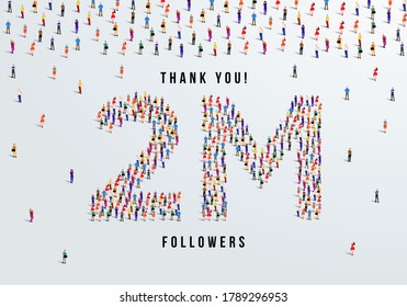 Thank You 2 Million Or Two Million Followers Design Concept Made Of People Crowd Vector Illustration.