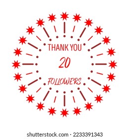 Thank You 20 Followers Template Design. Social media festive banner. Red and white background.