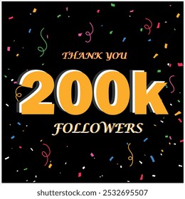 Obrigado 200 000 seguidores conceito criativo. Assinatura na Web de 200k assinantes. Modelo de design gráfico isolado abstrato.Amarelo dourado 200K isolado no fundo preto.