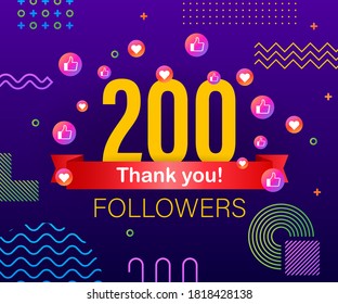 Thank you 200 followers numbers. Congratulating multicolored thanks image for net friends likes.