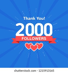 Thank you 2000 followers. Congratulation card. Web Social media concept. Blogger celebrates a many large number of subscribers.