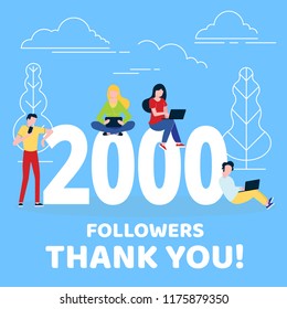 Thank you 2000 followers numbers postcard. People man, woman big numbers flat style design 2k thanks vector illustration isolated on confetti background. Template for internet media and social network