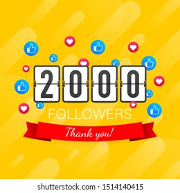 Thank you 2000 followers numbers. Congratulating multicolored thanks image for net friends likes.