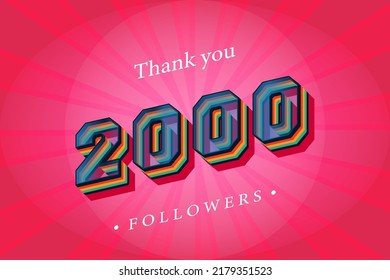 Thank you 2000 social followers and subscribers with numbers Trendy Retro text effect 3d render.