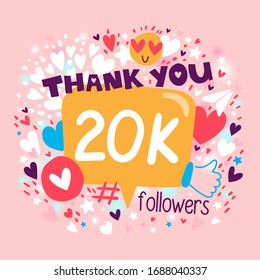 Thank you 20000 or 20k followers. Congratulation card. Blogger celebrates a many large number of subscribers.