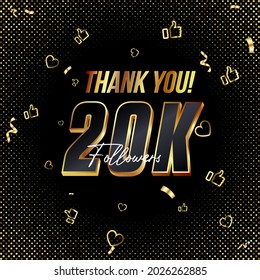 Gracias 20K seguidores 3d Gold y Black Font y confetti. Ilustración vectorial 3d números para los medios sociales 2000 o 20000 seguidores, Gracias seguidores, blogger celebra suscriptores, me gusta