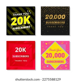 Thank you 20k subscribers set template vector. 20000 subscribers. 20k subscribers colorful design vector. thank you twenty thousand subscribers