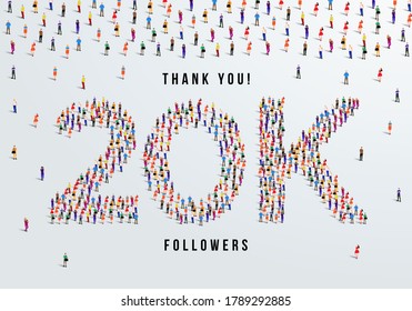 Thank you 20K or twenty thousand followers. large group of people form to create 20K vector illustration