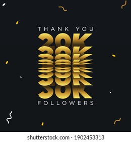 Thank you 20K or twenty thousand followers. Black and gold color vector illustration.