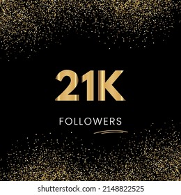 Gracias 21K o 21 mil seguidores. Ilustración vectorial con partículas brillantes doradas sobre fondo negro para amigos de redes sociales y seguidores. Gracias a sus seguidores, y les gusta.