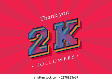 Thank you 2k social followers and subscribers with numbers Trendy Retro text effect 3d render.