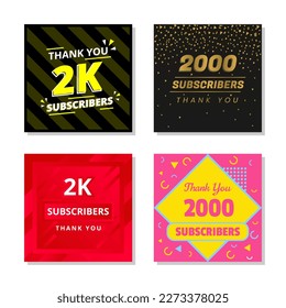 Thank you 2k subscribers set template vector. 2000 subscribers. 2k subscribers colorful design vector. thank you two thousand subscribers