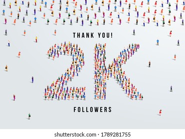 Thank You, 2k Or Two Thousand Followers Celebration Design. Large Group Of People Form To Create A Shape 2k. Vector Illustration.