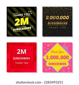 Gracias 2 millones de suscriptores establecen el vector de plantilla. 2000000 suscriptores. Vector de diseño colorido para suscriptores de 2 millones. gracias a dos millones de suscriptores