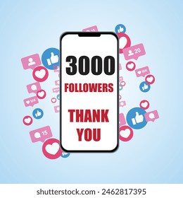Thank you 3000 or 3k followers  is Displayed on Smartphone. Congratulation card. Blogger celebrates a many large number of subscribers. sky blue background.