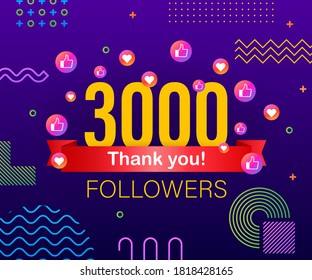 Gracias 3000 seguidores. Felicitaciones por la imagen de agradecimiento multicolor para los amigos de la red.