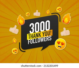 Thank you 3000 followers on yellow background. White background. Vector design. Flat design. Social media