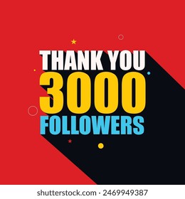 Thank You 3000 followers social media post design to celebrate channel, page or group success anniversary. 3k follower banner, poster, greeting card with colorful bold typography on red background 