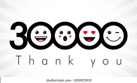Thank you 30000 followers numbers. Congratulating black and white networking thanks, net friends image in two 2 colors, customers 30 000  % percent off discount. Round isolated smiling people