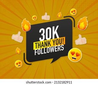 Thank you 30000 followers on yellow background. White background. Vector design. Flat design. Social media