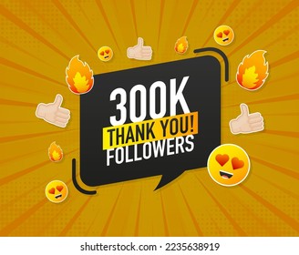 Thank you 300000 followers on yellow background. White background. Vector design. Flat design. Social media