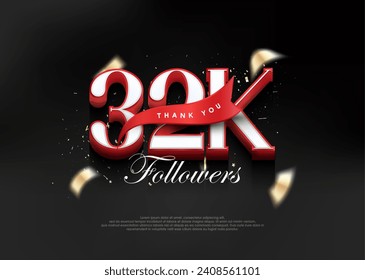 Thank you 32k followers, with 3d numbers with red ribbon.