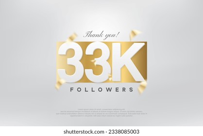 thank you 33k followers, simple design with numbers on gold paper.