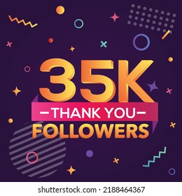 Thank you 35000 followers,thanks banner.First 35K follower congratulation card with geometric figures,lines,squares,circles for Social Networks.Web blogger celebrate a large number of subscribers.