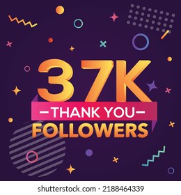 Thank you 37000 followers,thanks banner.First 37K follower congratulation card with geometric figures,lines,squares,circles for Social Networks.Web blogger celebrate a large number of subscribers. svg