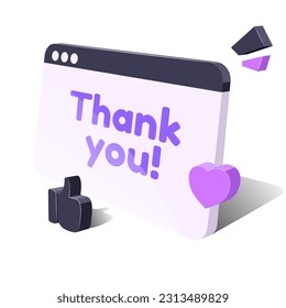 Thank you. 3d computer screen model with thanks, like, and heart. Vector graphics on a white background