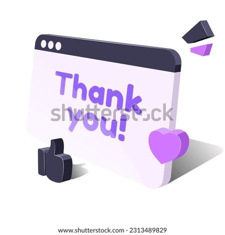 Thank you. 3d computer screen model with thanks, like, and heart. Vector graphics on a white background