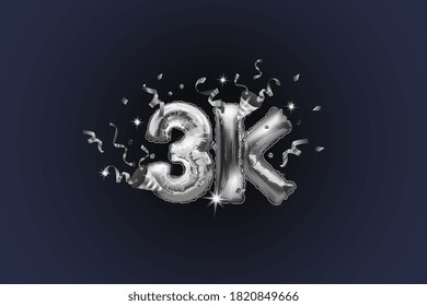 Gracias suscriptores de 3K o 3K. Ilustración vectorial con bolas brillantes plateadas y confeti para amigos en las redes sociales, usuarios de la web con un fondo oscuro. Gracias, celebramos a los suscriptores, me gusta.