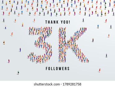 Thank you, 3k or three thousand followers celebration design. Large group of people form to create a shape 3k. Vector illustration.