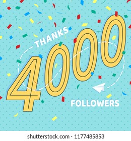 Thank you 4000 followers numbers postcard. Congratulating retro flat style design 4k thanks image vector illustration isolated on confetti background. Template for internet media and social network.