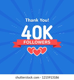 Thank you 40000 or 40k followers. Congratulation card. Web Social media concept. Blogger celebrates a many large number of subscribers.