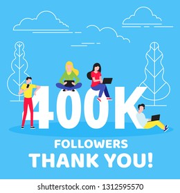 Thank you 400000 followers numbers postcard. People man, woman big numbers flat style design 400k thanks vector illustration isolated on blue background. Template for internet media and social network