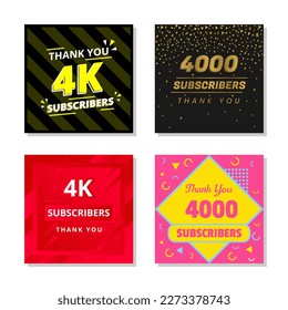 Thank you 4k subscribers set template vector. 4000 subscribers. 4k subscribers colorful design vector. thank you four thousand subscribers