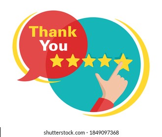 Thank You for 5 stars rated feedback in bubble form - maximum saticfaction positive review illustration with yellow stars and human hand