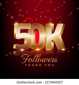 Thank you 50 thousand followers happy celebration banner 3d style red and gold background