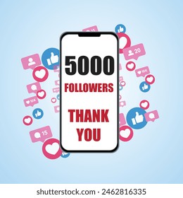 Thank you 5000 or 5k followers  is Displayed on Smartphone. Congratulation card. Blogger celebrates a many large number of subscribers. sky blue background.