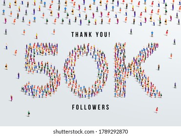 Thank you 50K or fifty thousand followers. large group of people form to create 50K vector illustration